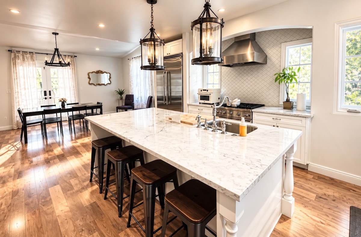 Luxury Spanish Villa - HV1 kitchen with a marble island and bar seating